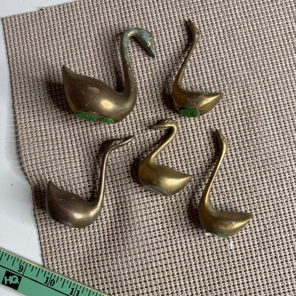 Vintage Solid Brass Swan Figurines Set of 5 Hollywood Regency Decor Patina